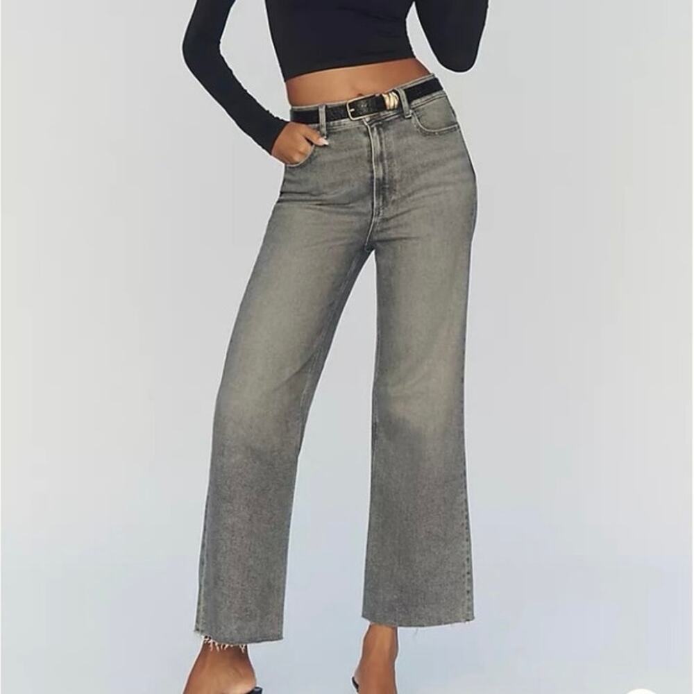 Womens PAIGE The Anessa High-Rise Crop Wide-Leg Jeans Gray Raw Hem Size 27 EUC!